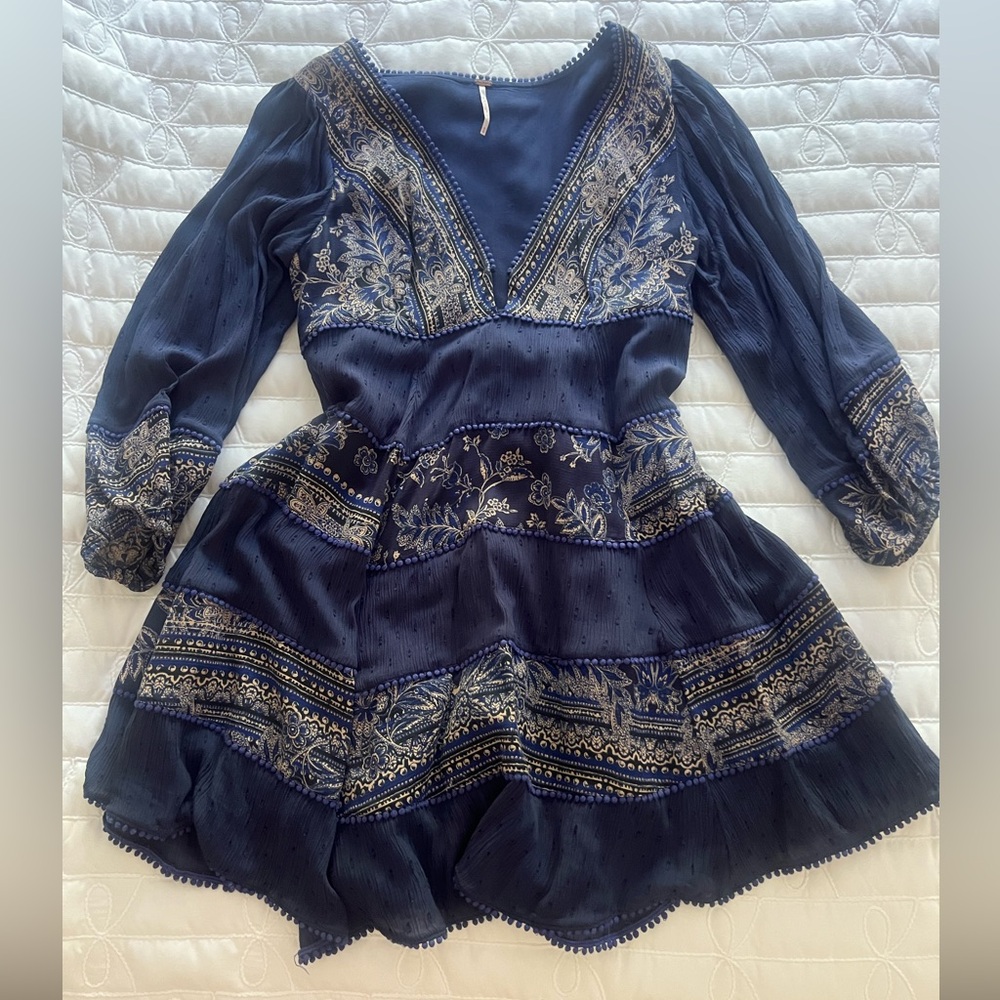 Free People Deep Blue Dress with Textured Trim